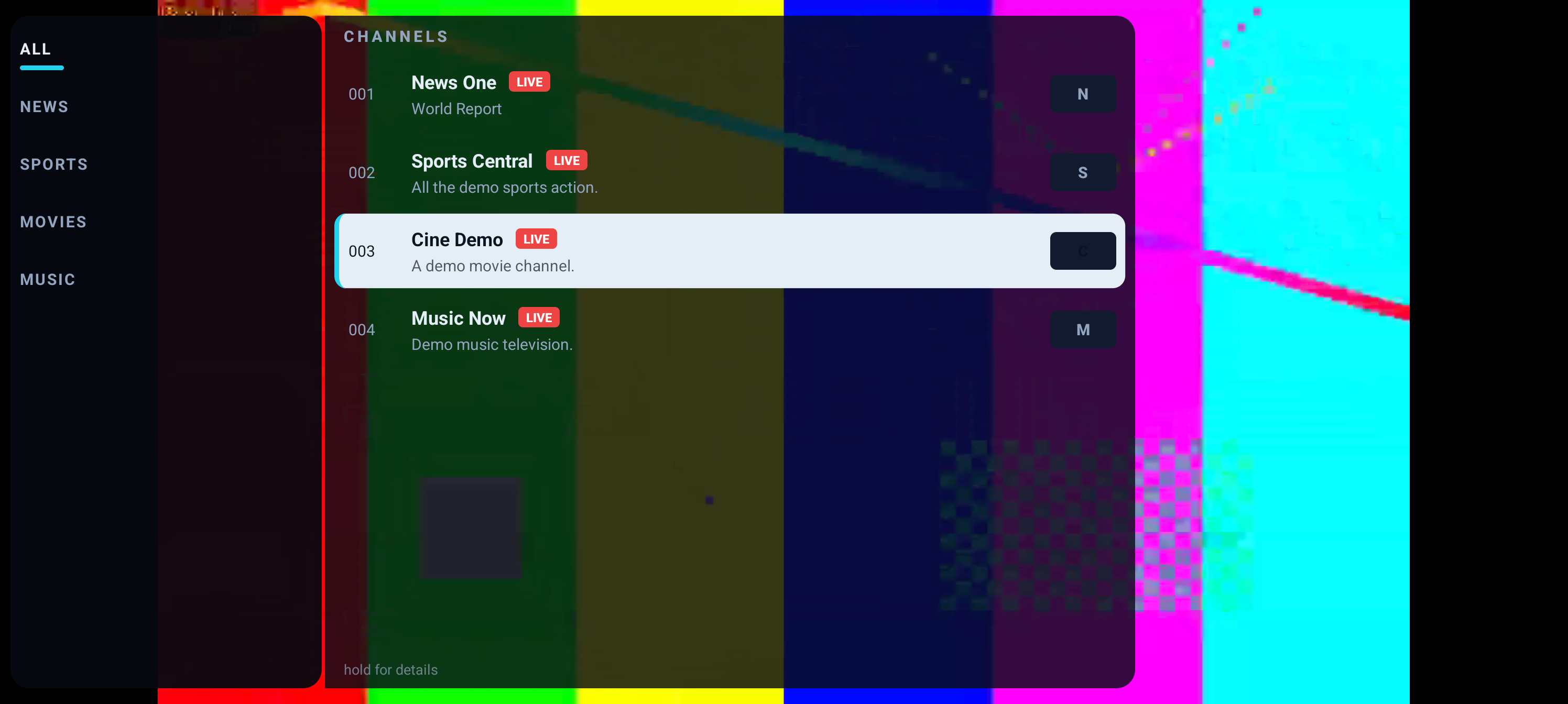 The channel list and category rail over the video