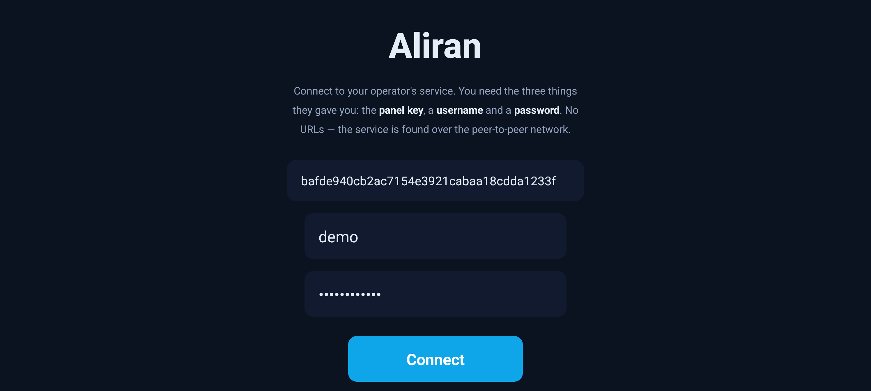 The Connect screen with the three fields filled in