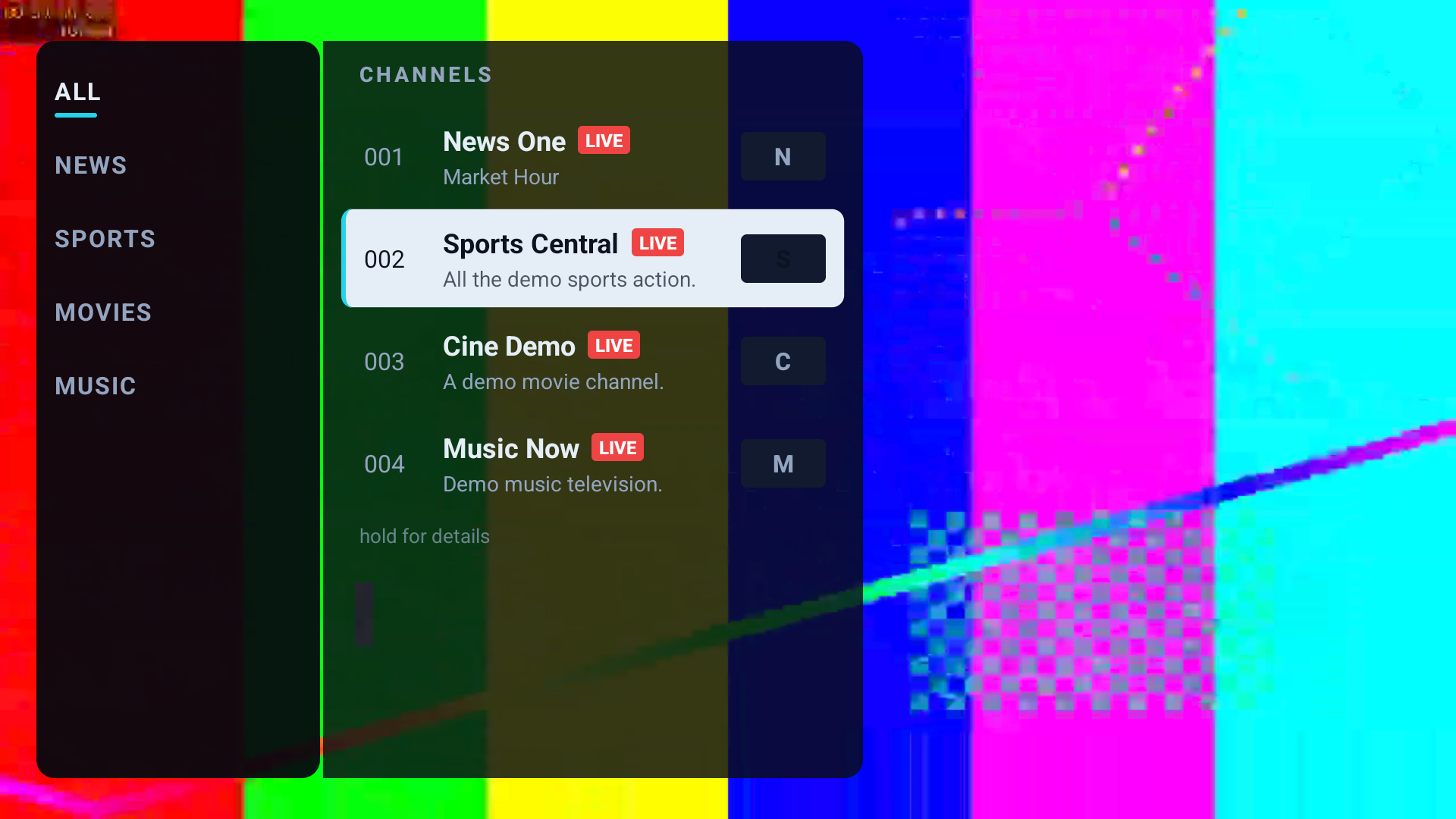 The channel list on a TV